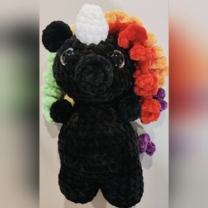 Crochet Black Plush Unicorn with Rainbow Mane